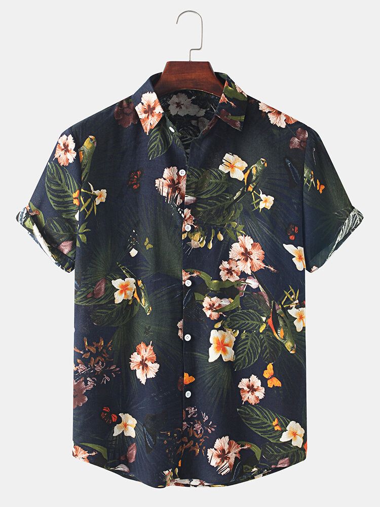 Camisa De Manga Corta Con Botones De Solapa Y Estampado Floral Informal De Vacaciones Para Hombre