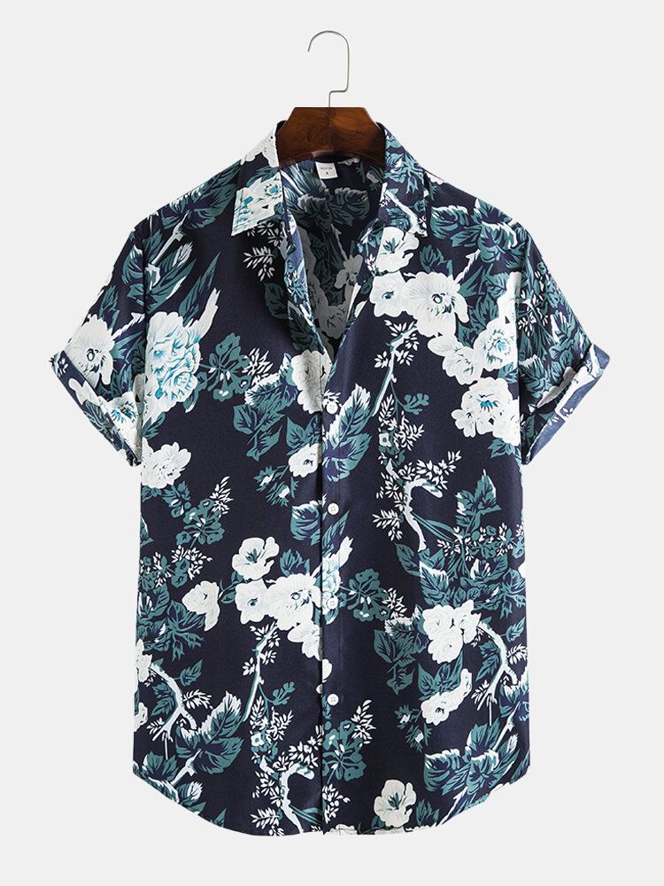 Camisa De Manga Corta Con Botones Y Estampado Floral De Plantas Navideñas Para Hombre