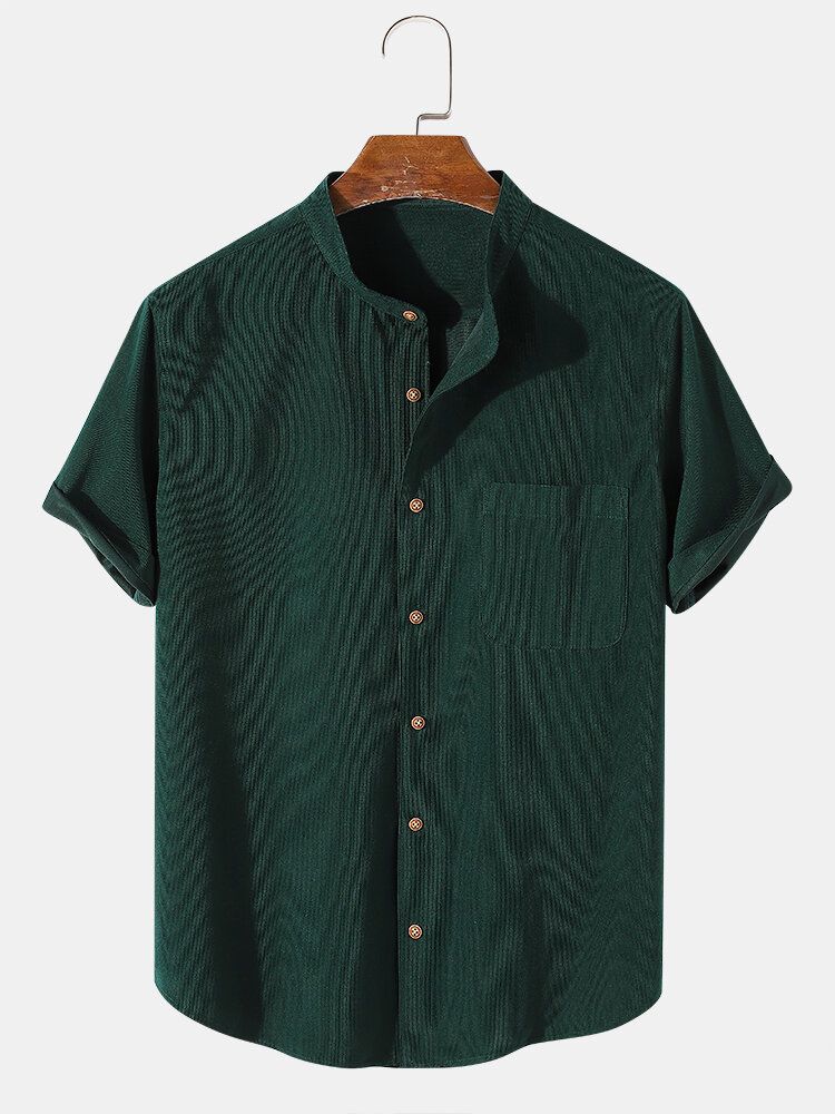 Camisa De Manga Corta Con Cuello Alto De Color Sólido De Estilo Básico Para Hombre