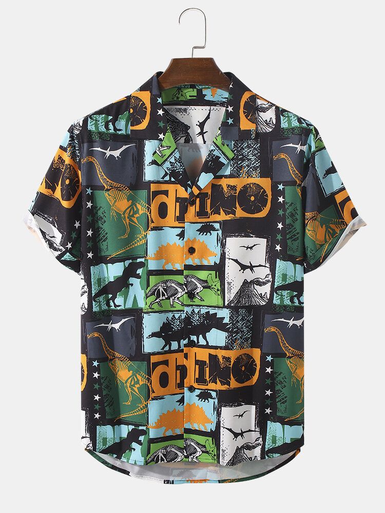 Camisa De Manga Corta Con Cuello De Revere Y Estampado De Bosque Primigenio De Dinosaurio Para Hombre