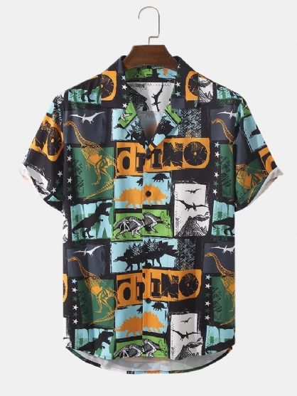 Camisa De Manga Corta Con Cuello De Revere Y Estampado De Bosque Primigenio De Dinosaurio Para Hombre