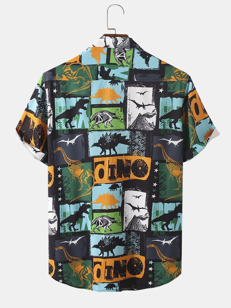 Camisa De Manga Corta Con Cuello De Revere Y Estampado De Bosque Primigenio De Dinosaurio Para Hombre