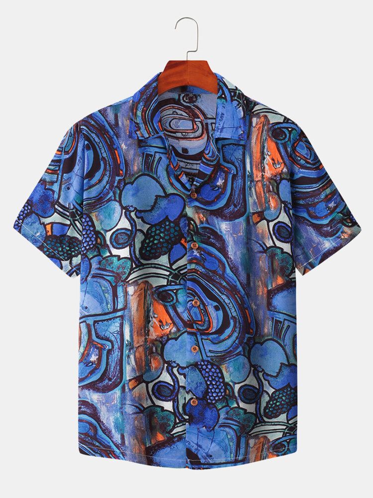 Camisa De Manga Corta Con Cuello Revere Y Estampado De Dibujo A Mano Alzada Para Hombre