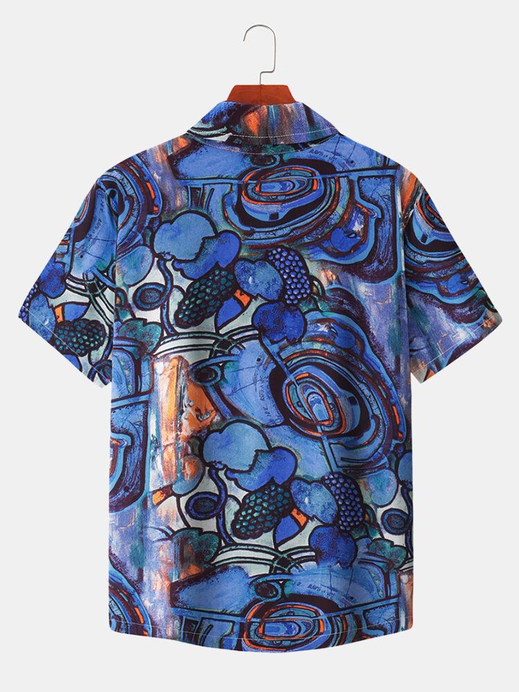 Camisa De Manga Corta Con Cuello Revere Y Estampado De Dibujo A Mano Alzada Para Hombre