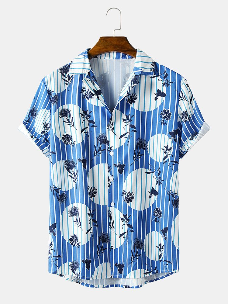 Camisa De Manga Corta Con Cuello Reverente A Rayas Con Estampado De Flores Para Hombre