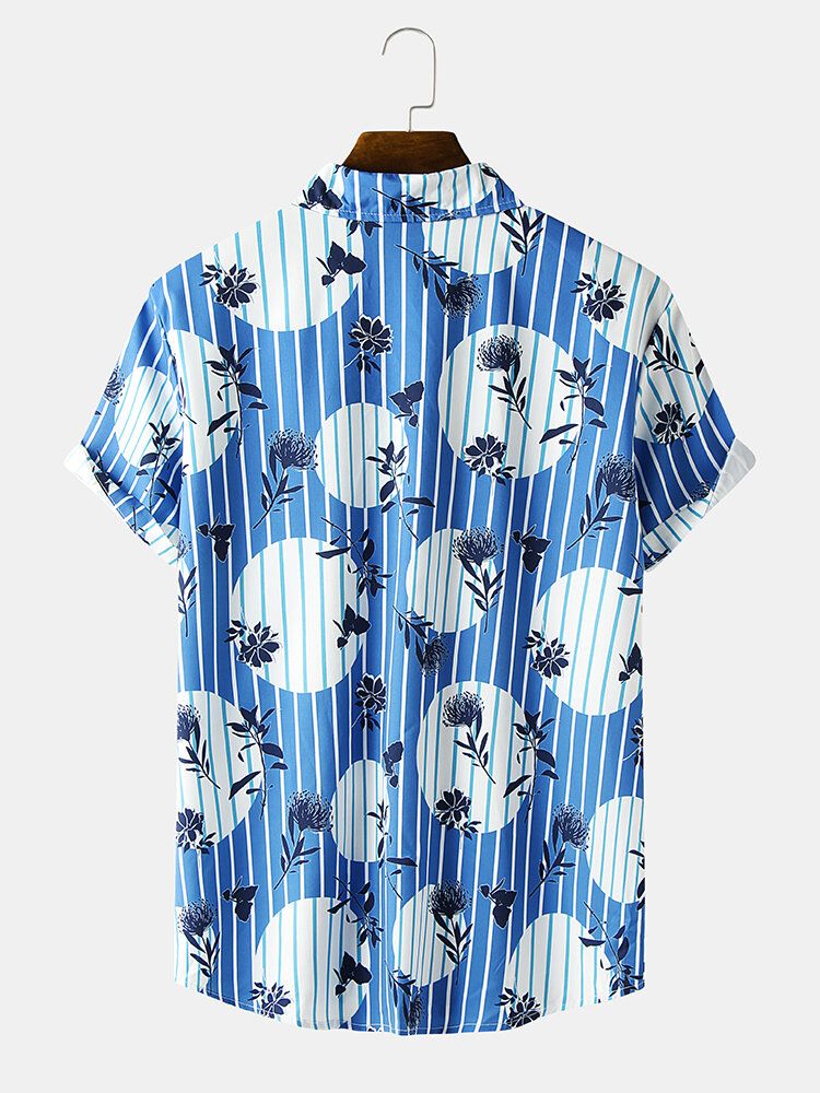 Camisa De Manga Corta Con Cuello Reverente A Rayas Con Estampado De Flores Para Hombre