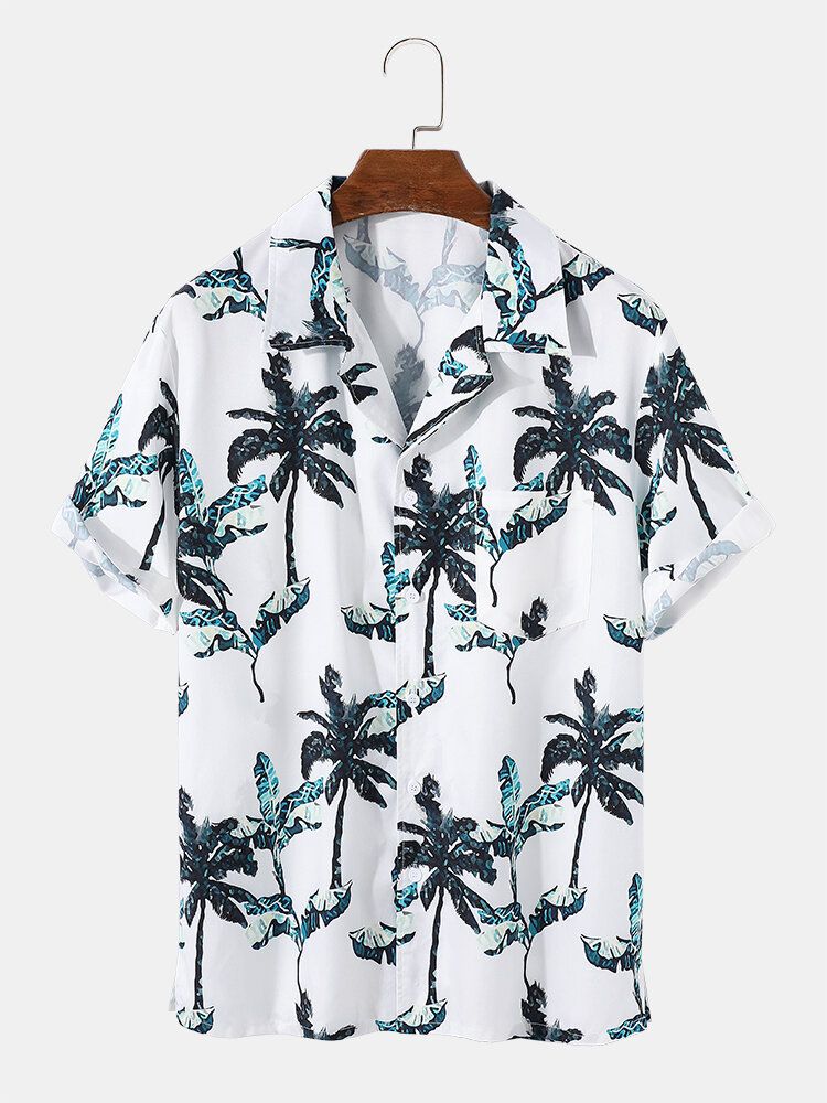 Camisa De Manga Corta Con Cuello Reverente Blanco Con Estampado De Coconut Grove Para Hombre