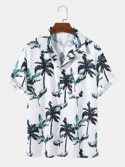 Camisa De Manga Corta Con Cuello Reverente Blanco Con Estampado De Coconut Grove Para Hombre