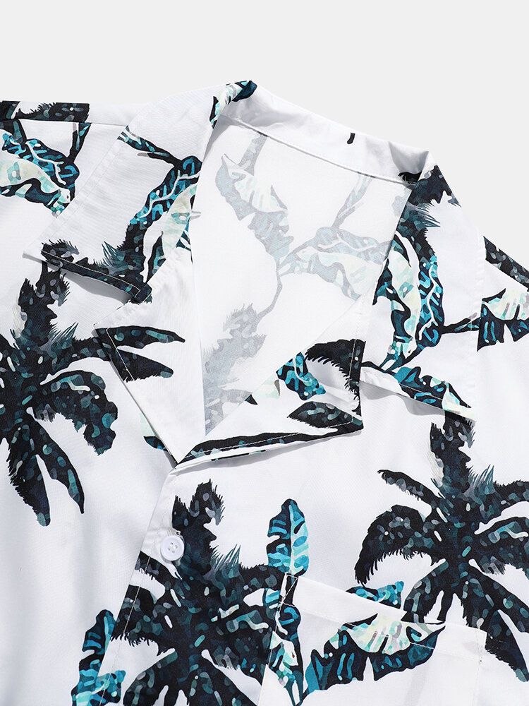 Camisa De Manga Corta Con Cuello Reverente Blanco Con Estampado De Coconut Grove Para Hombre