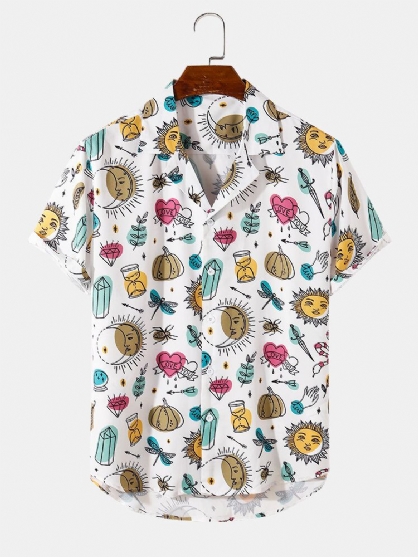 Camisa De Manga Corta Con Cuello Reverente Con Estampado Animal Y Sol Y Luna De Dibujos Animados Para Hombre