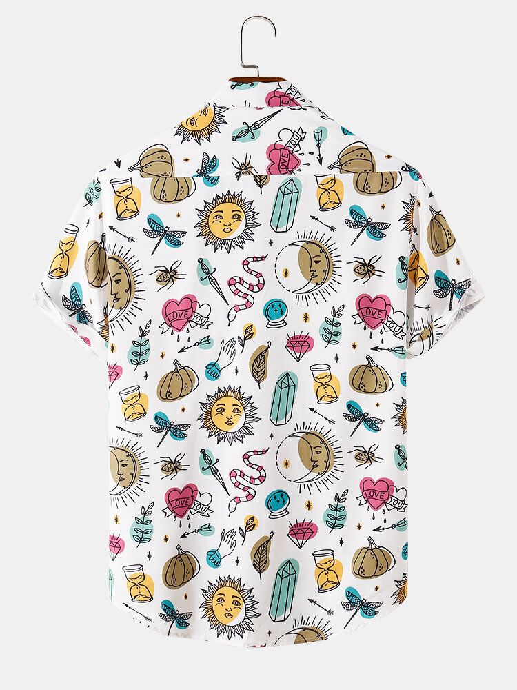 Camisa De Manga Corta Con Cuello Reverente Con Estampado Animal Y Sol Y Luna De Dibujos Animados Para Hombre