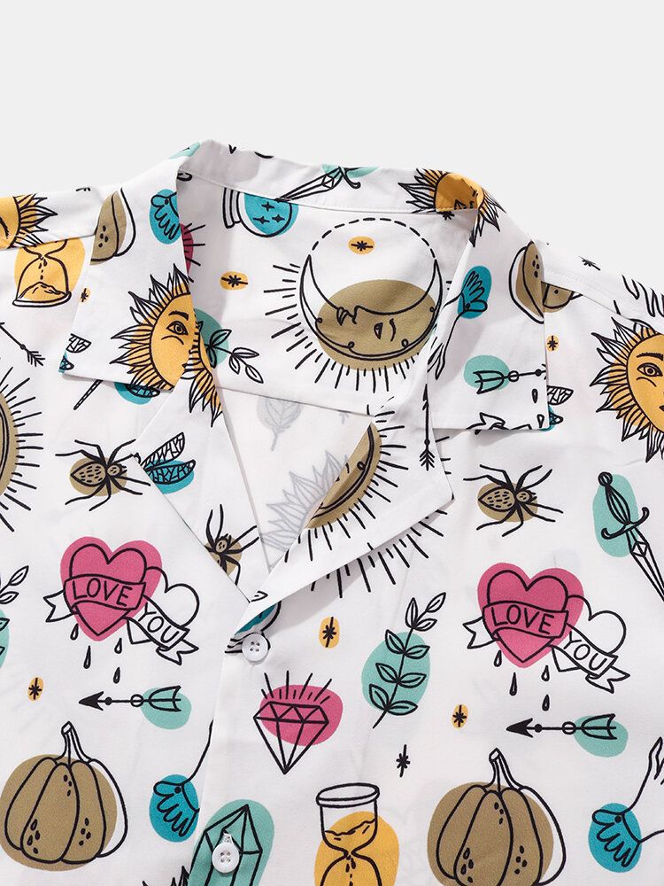 Camisa De Manga Corta Con Cuello Reverente Con Estampado Animal Y Sol Y Luna De Dibujos Animados Para Hombre