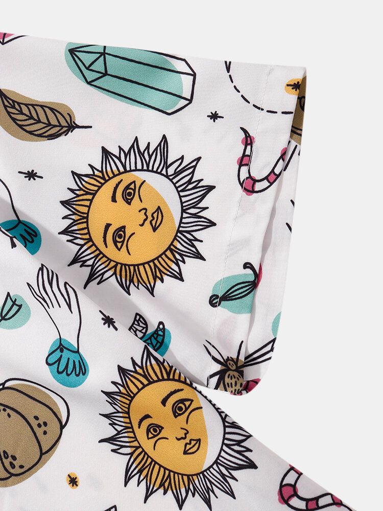 Camisa De Manga Corta Con Cuello Reverente Con Estampado Animal Y Sol Y Luna De Dibujos Animados Para Hombre