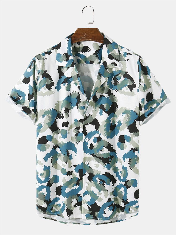 Camisa De Manga Corta Con Cuello Reverente Con Estampado De Leopardo Y Graffiti Para Hombre