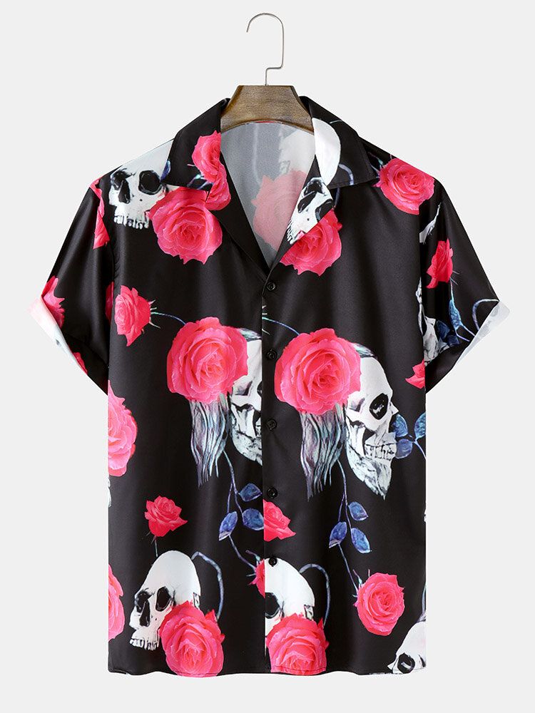 Camisa De Manga Corta Con Cuello Reverente Con Estampado De Rosas Y Calaveras Para Hombre