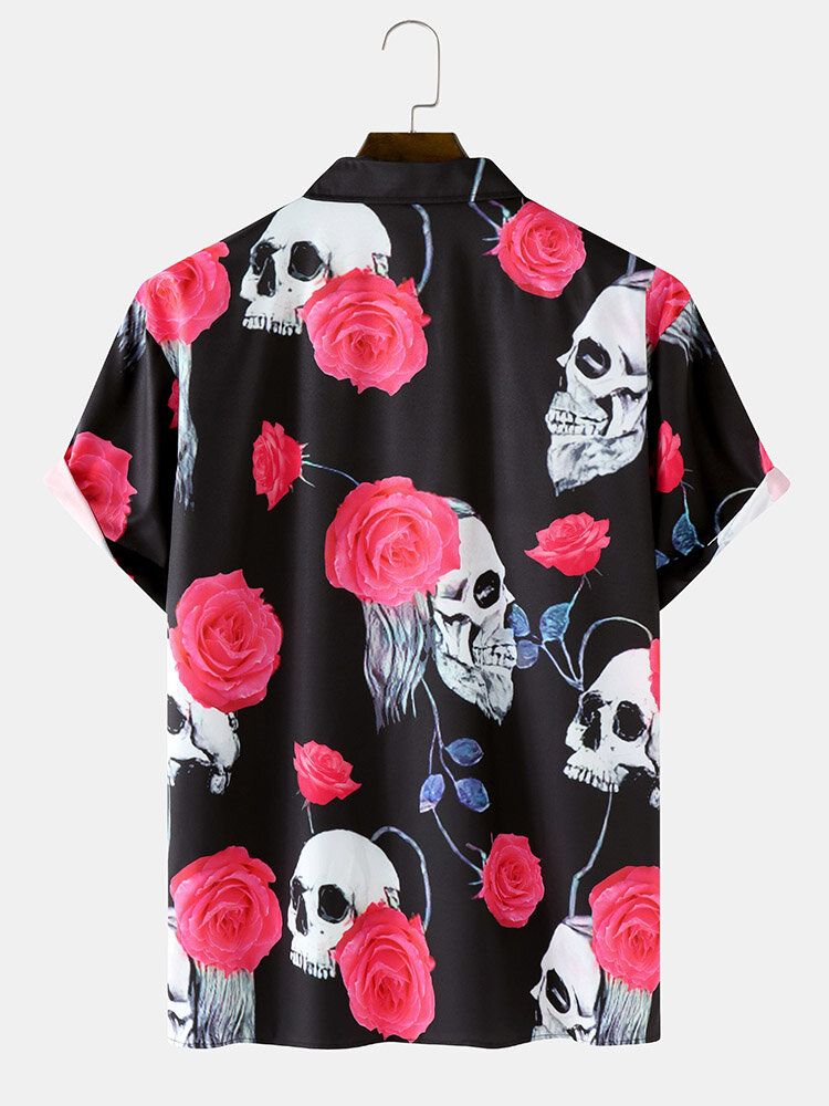 Camisa De Manga Corta Con Cuello Reverente Con Estampado De Rosas Y Calaveras Para Hombre