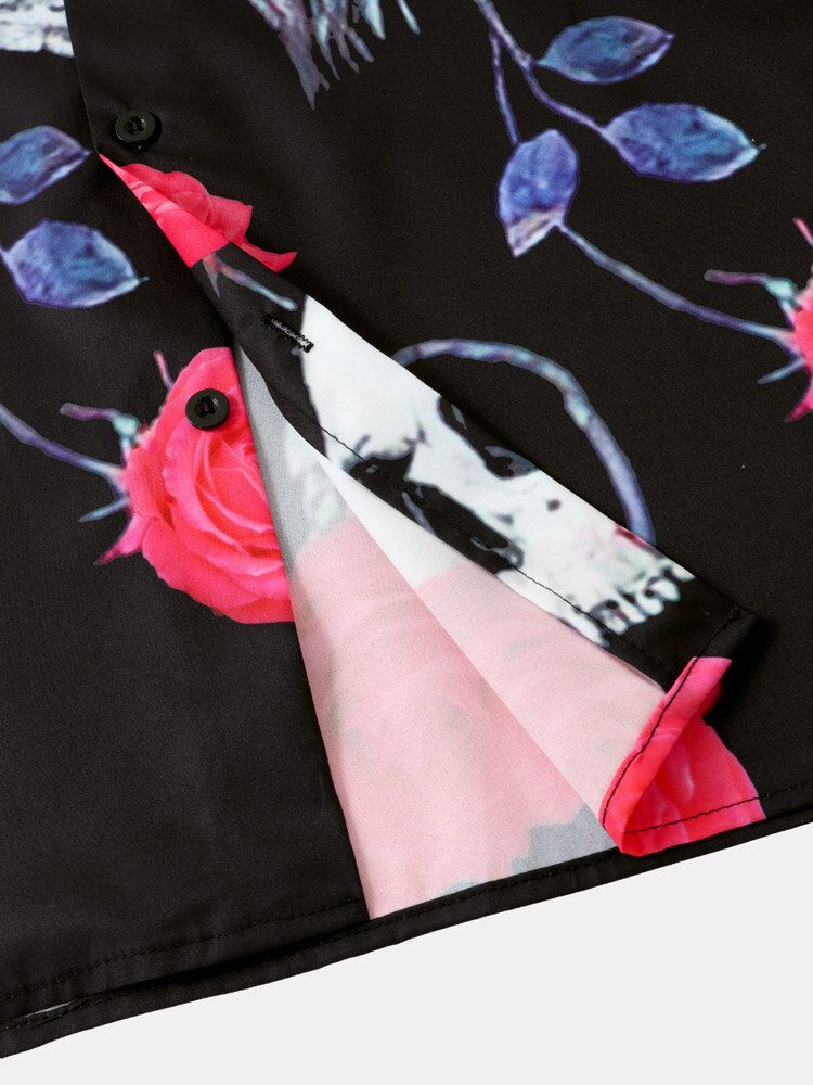 Camisa De Manga Corta Con Cuello Reverente Con Estampado De Rosas Y Calaveras Para Hombre