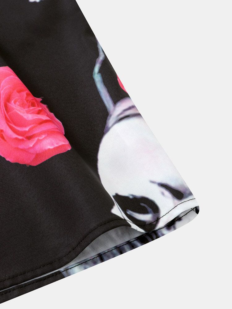 Camisa De Manga Corta Con Cuello Reverente Con Estampado De Rosas Y Calaveras Para Hombre