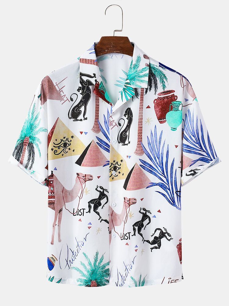 Camisa De Manga Corta Con Cuello Reverente Y Estampado Animal De Dibujos Animados Para Hombre