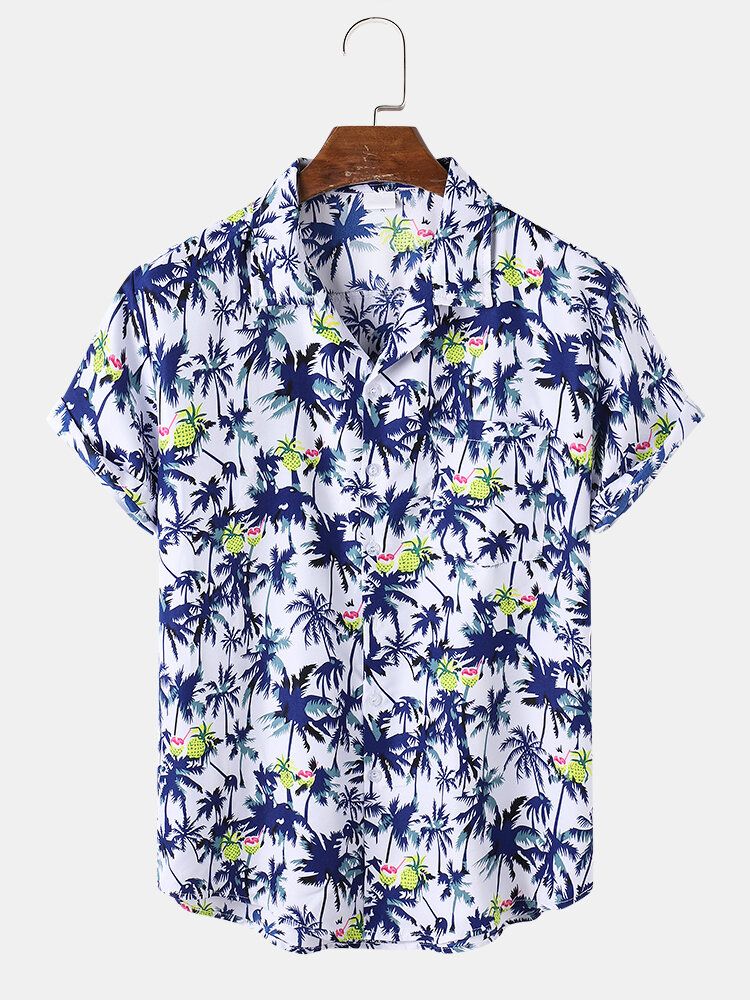 Camisa De Manga Corta Con Cuello Reverente Y Estampado De Árbol De Coco De Algodón Para Hombre