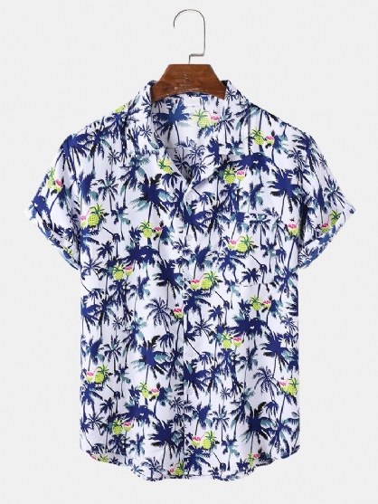 Camisa De Manga Corta Con Cuello Reverente Y Estampado De Árbol De Coco De Algodón Para Hombre