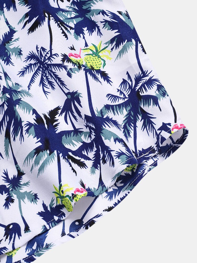 Camisa De Manga Corta Con Cuello Reverente Y Estampado De Árbol De Coco De Algodón Para Hombre