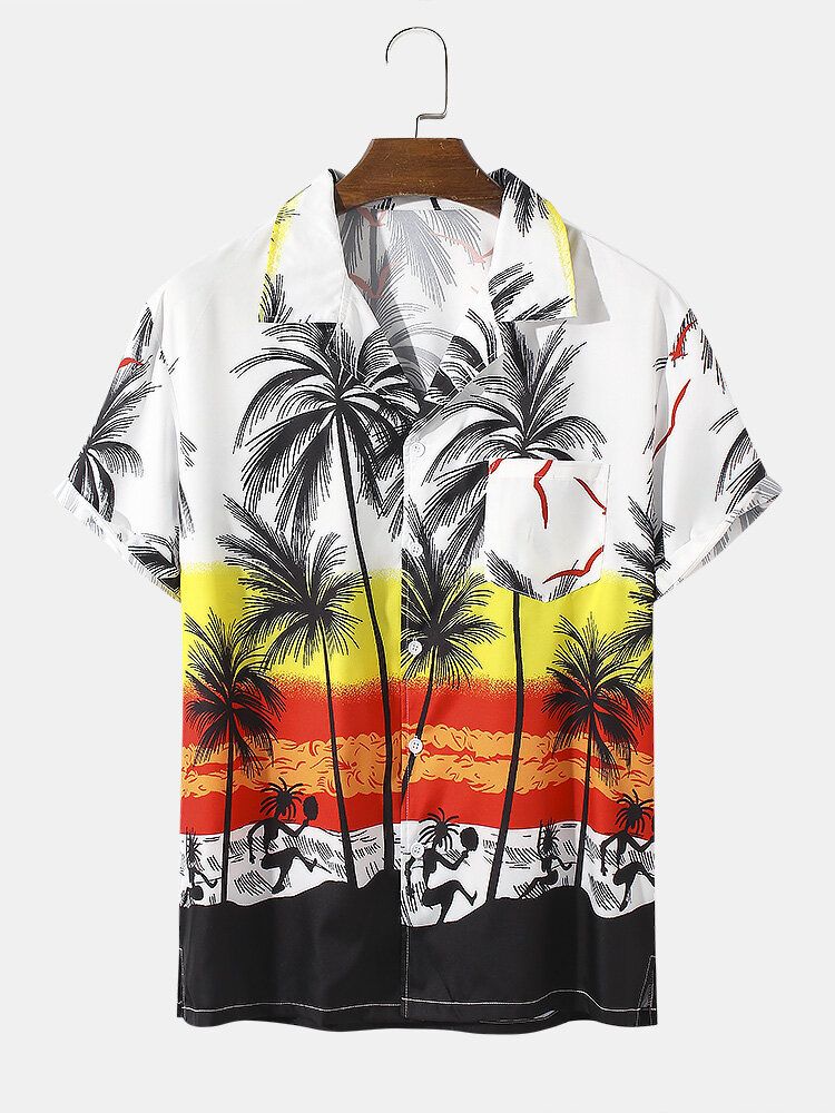 Camisa De Manga Corta Con Cuello Reverente Y Estampado De Árbol De Coco En Contraste De Color Para Hombre