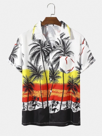 Camisa De Manga Corta Con Cuello Reverente Y Estampado De Árbol De Coco En Contraste De Color Para Hombre