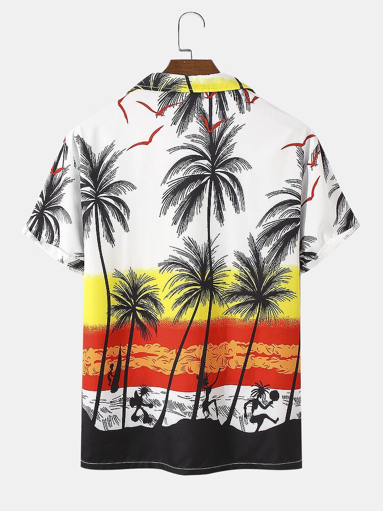 Camisa De Manga Corta Con Cuello Reverente Y Estampado De Árbol De Coco En Contraste De Color Para Hombre