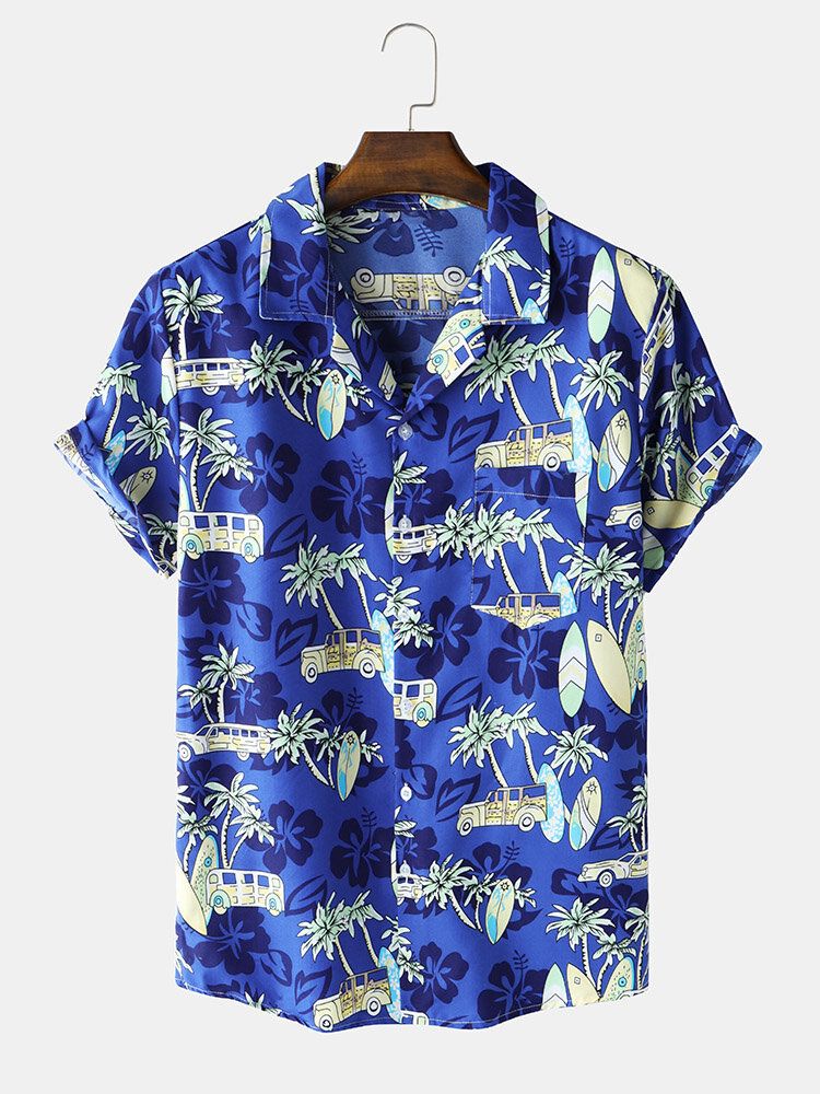 Camisa De Manga Corta Con Cuello Reverente Y Estampado De Árbol De Coco De Dibujos Animados De Algodón Para Hombre