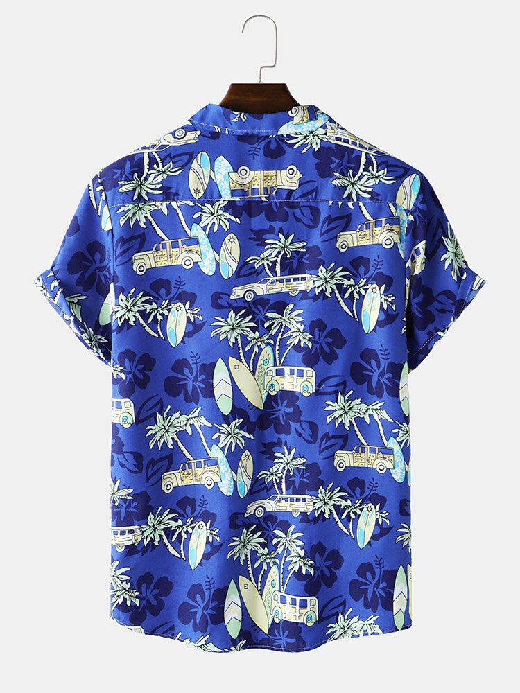 Camisa De Manga Corta Con Cuello Reverente Y Estampado De Árbol De Coco De Dibujos Animados De Algodón Para Hombre