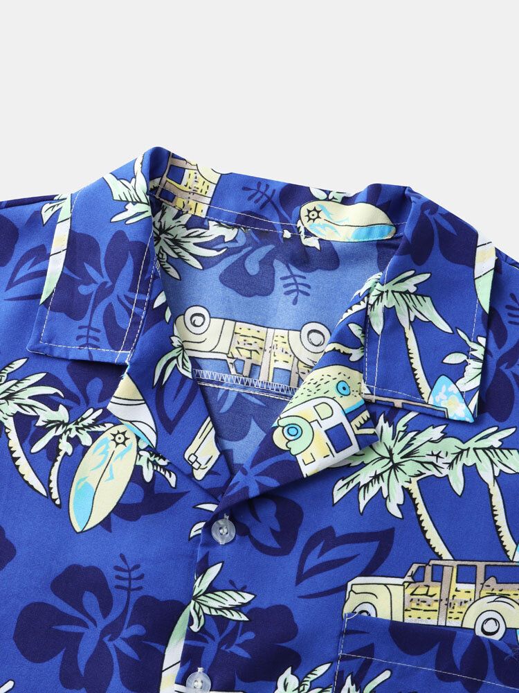 Camisa De Manga Corta Con Cuello Reverente Y Estampado De Árbol De Coco De Dibujos Animados De Algodón Para Hombre