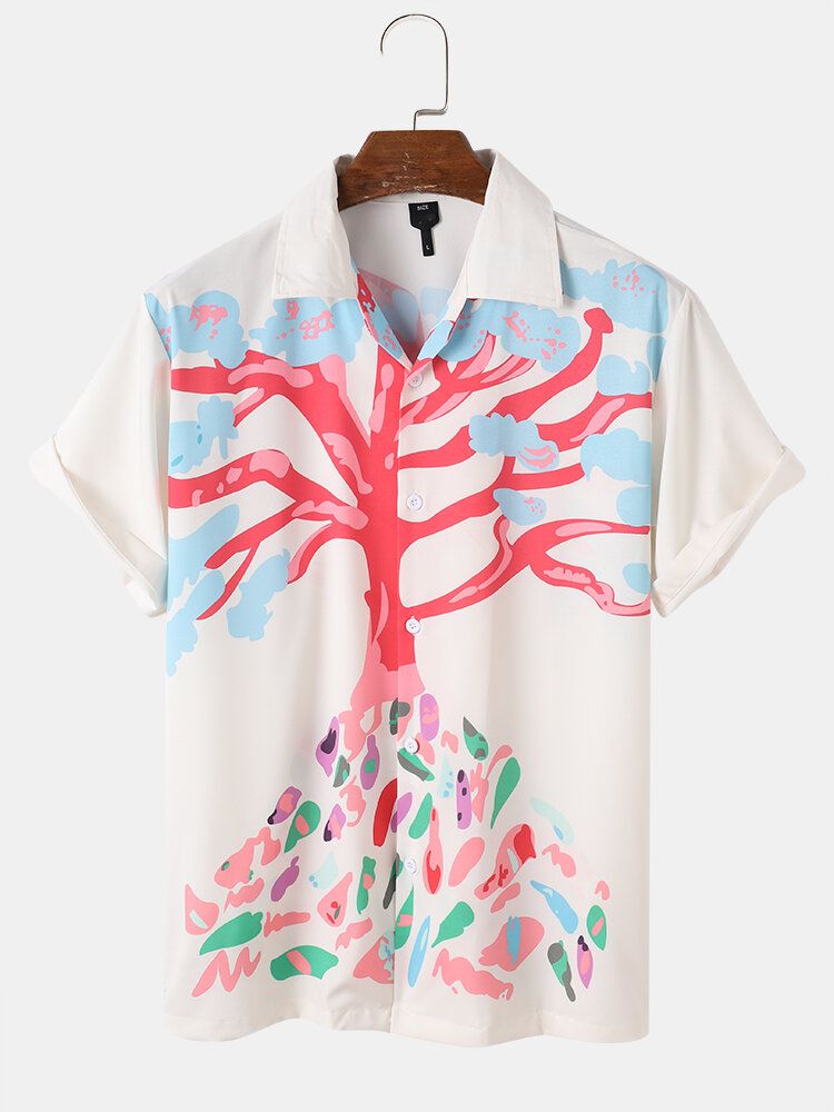 Camisa De Manga Corta Con Cuello Reverente Y Estampado De Árbol Rosa De Dibujos Animados Para Hombre