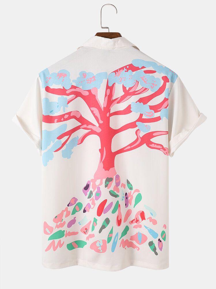 Camisa De Manga Corta Con Cuello Reverente Y Estampado De Árbol Rosa De Dibujos Animados Para Hombre