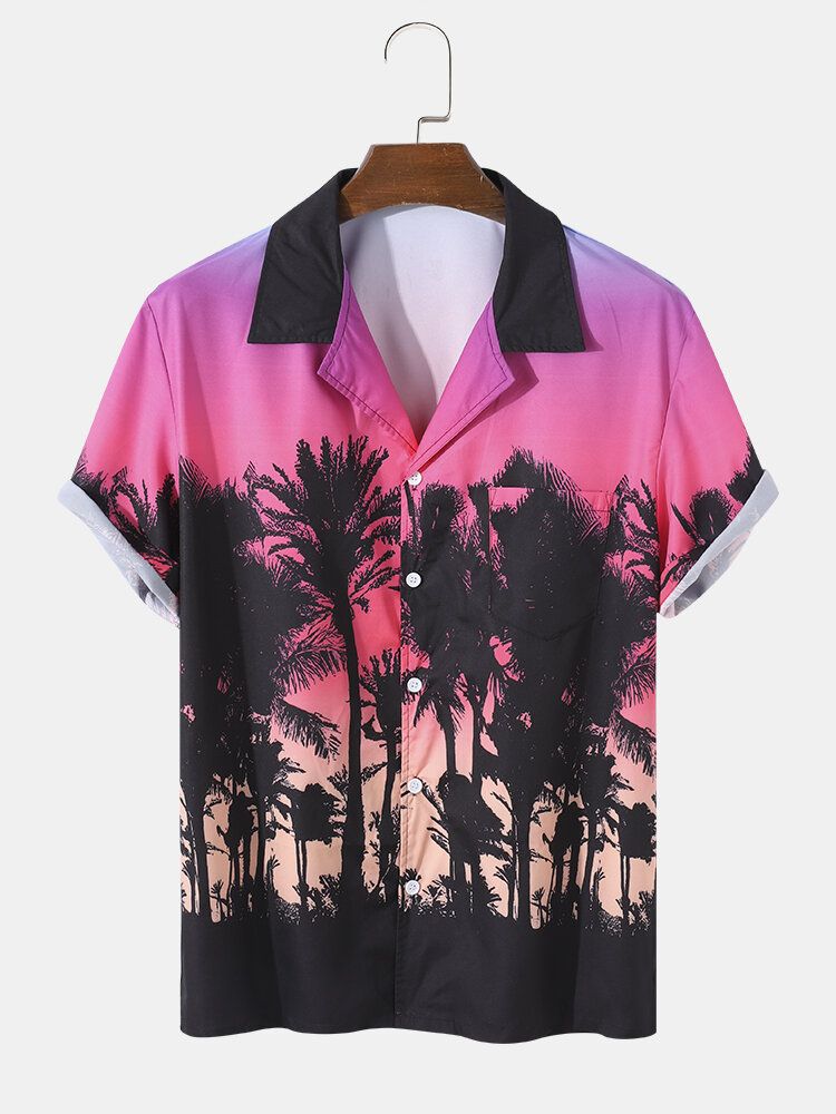 Camisa De Manga Corta Con Cuello Reverente Y Estampado De Atardecer De Coconut Grove Para Hombre