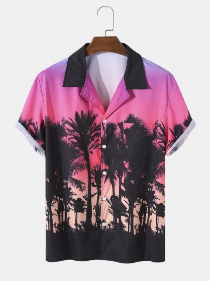 Camisa De Manga Corta Con Cuello Reverente Y Estampado De Atardecer De Coconut Grove Para Hombre