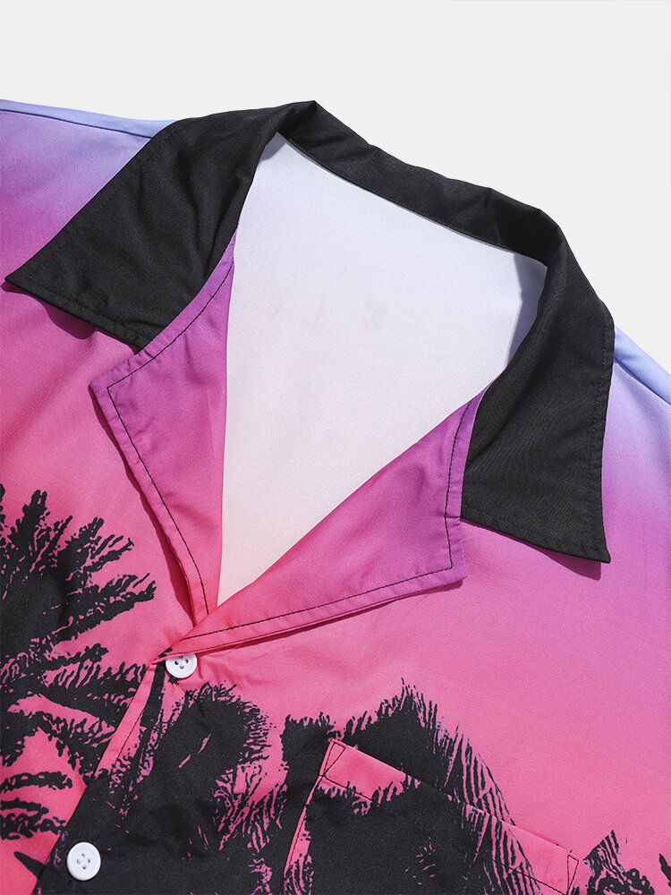 Camisa De Manga Corta Con Cuello Reverente Y Estampado De Atardecer De Coconut Grove Para Hombre