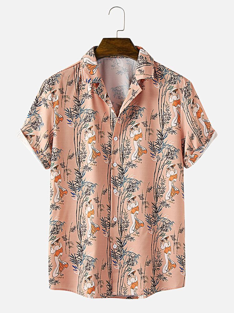 Camisa De Manga Corta Con Cuello Reverente Y Estampado De Bambú De Estilo Étnico Para Hombre