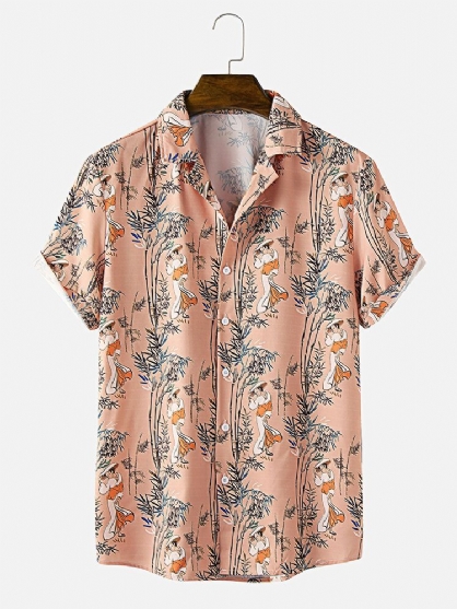 Camisa De Manga Corta Con Cuello Reverente Y Estampado De Bambú De Estilo Étnico Para Hombre