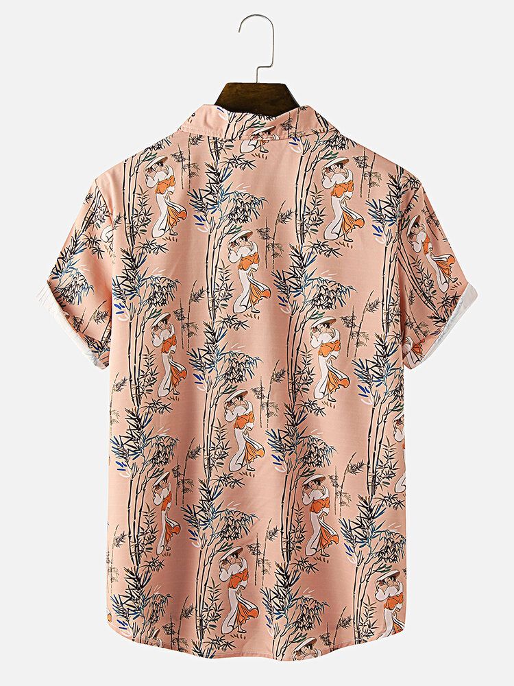 Camisa De Manga Corta Con Cuello Reverente Y Estampado De Bambú De Estilo Étnico Para Hombre