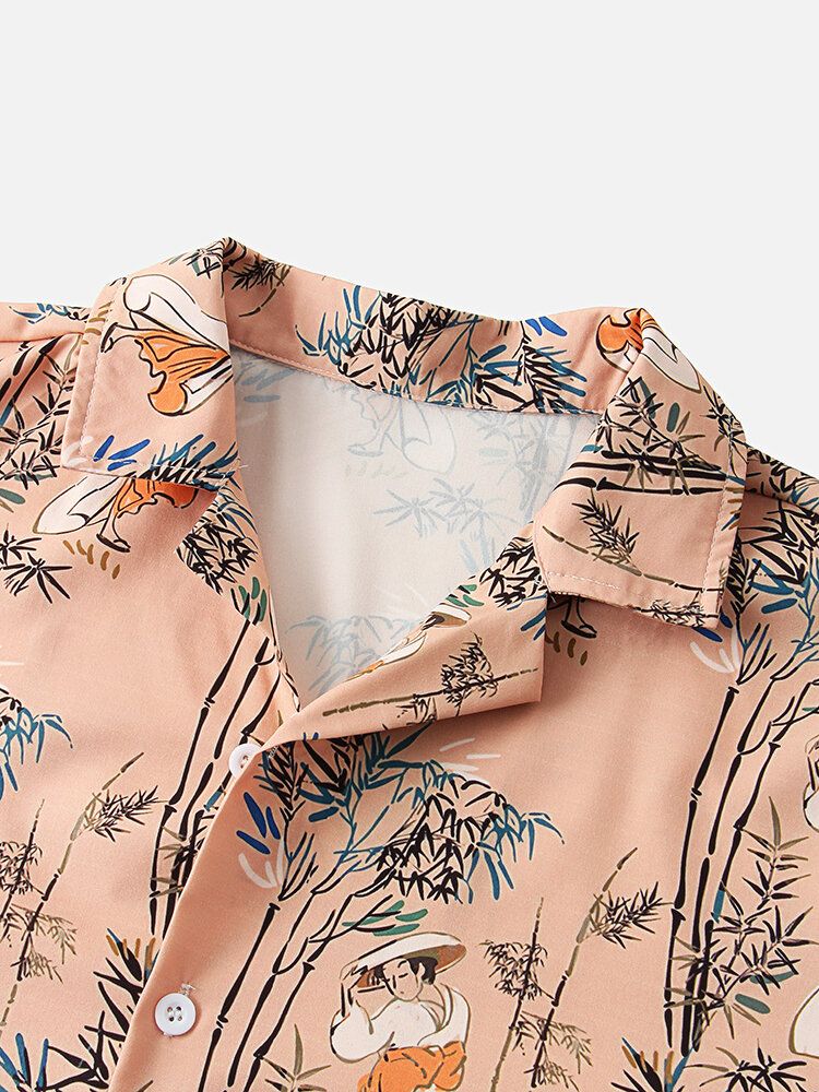 Camisa De Manga Corta Con Cuello Reverente Y Estampado De Bambú De Estilo Étnico Para Hombre