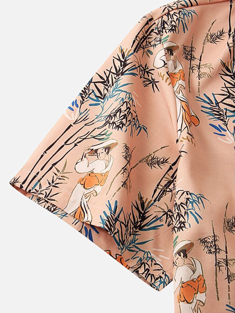 Camisa De Manga Corta Con Cuello Reverente Y Estampado De Bambú De Estilo Étnico Para Hombre