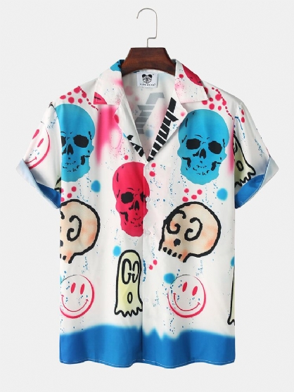 Camisa De Manga Corta Con Cuello Reverente Y Estampado De Calavera De Dibujos Animados Para Hombre