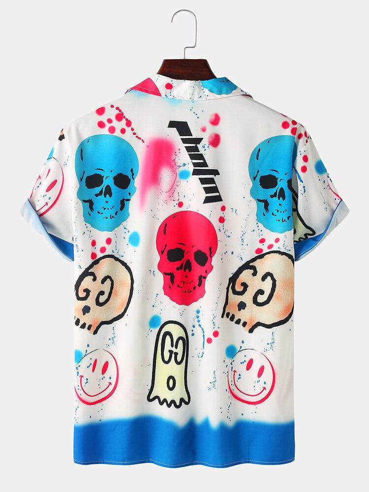 Camisa De Manga Corta Con Cuello Reverente Y Estampado De Calavera De Dibujos Animados Para Hombre