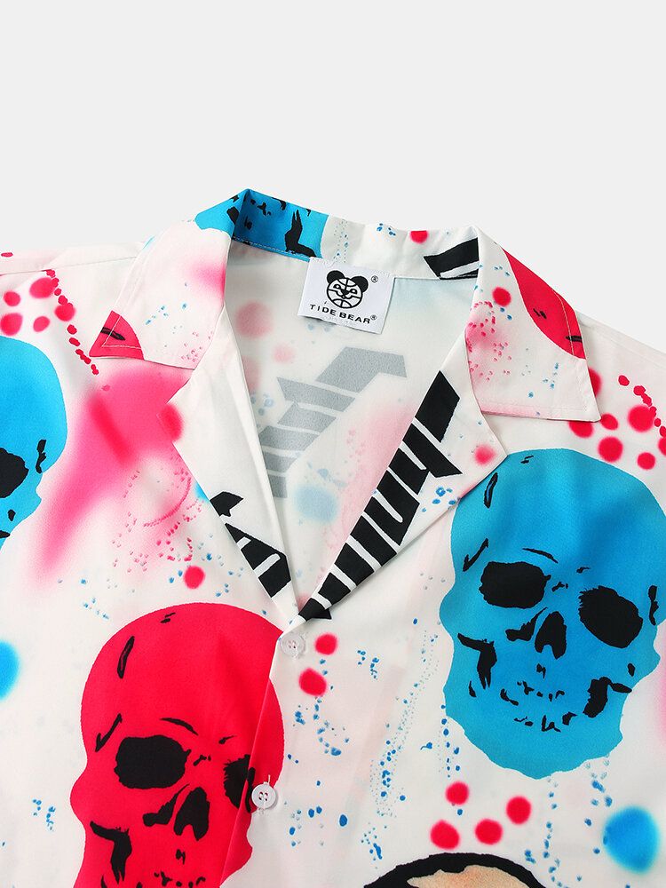 Camisa De Manga Corta Con Cuello Reverente Y Estampado De Calavera De Dibujos Animados Para Hombre