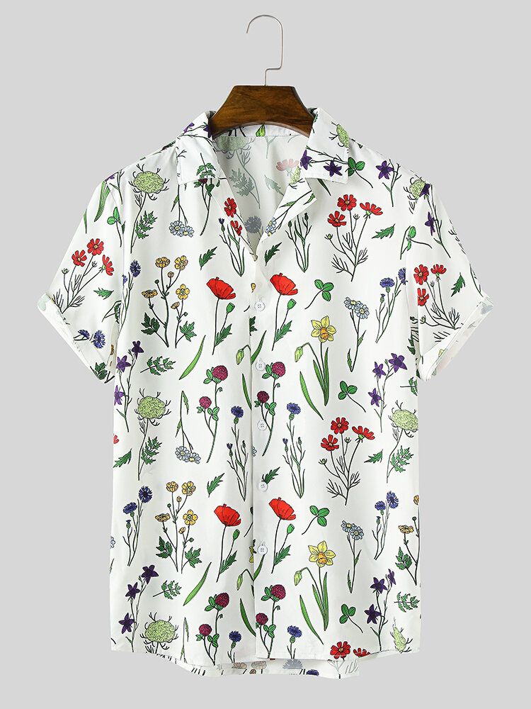 Camisa De Manga Corta Con Cuello Reverente Y Estampado Colorido De Hojas Frower Para Hombre