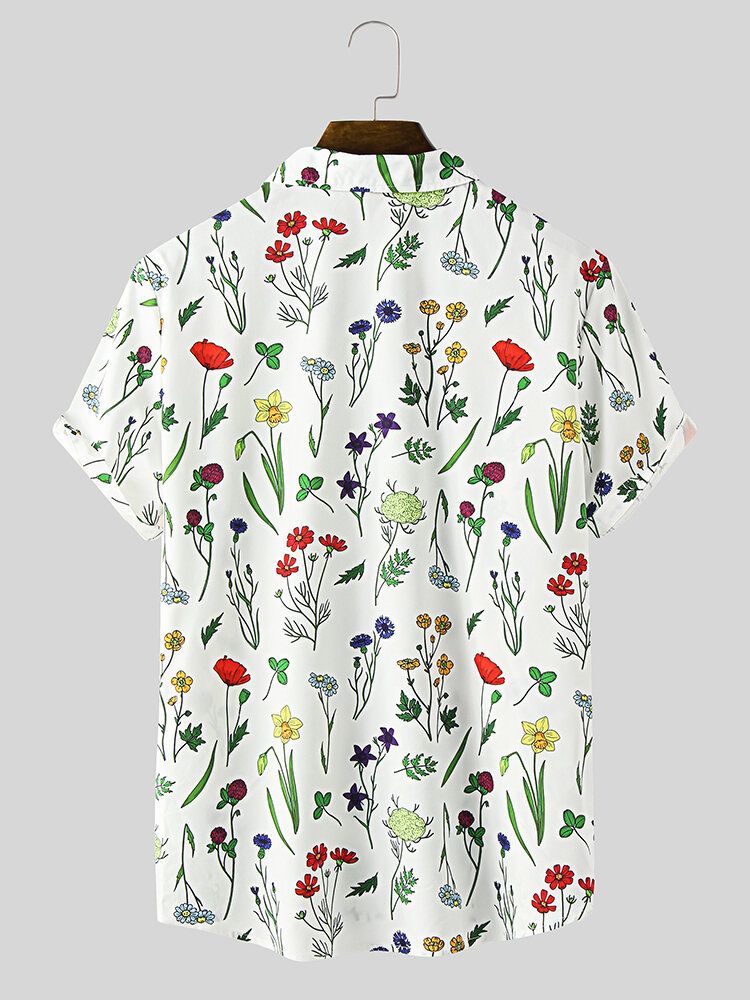 Camisa De Manga Corta Con Cuello Reverente Y Estampado Colorido De Hojas Frower Para Hombre