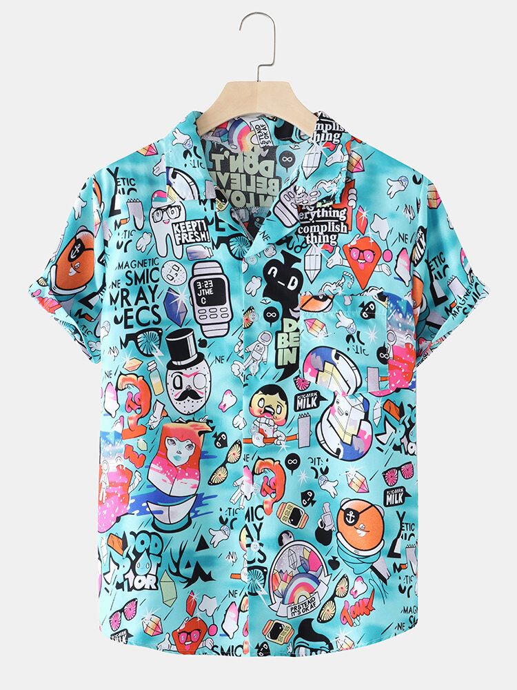 Camisa De Manga Corta Con Cuello Reverente Y Estampado De Dibujos Animados De Algodón Para Hombre