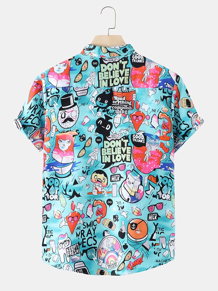 Camisa De Manga Corta Con Cuello Reverente Y Estampado De Dibujos Animados De Algodón Para Hombre