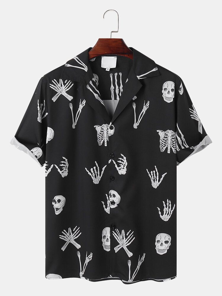 Camisa De Manga Corta Con Cuello Reverente Y Estampado De Esqueleto Para Hombre